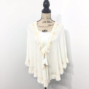 La Moda L/XL Poncho White Cream Boho Tassel